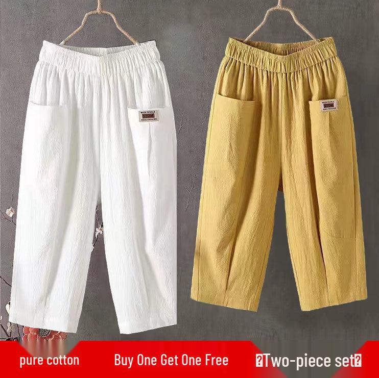 Women's Cotton & Linen Summer Cropped Trousers - Loose, Elastic Waist, Large Size, Slim Harem, Versatile Casual Pants