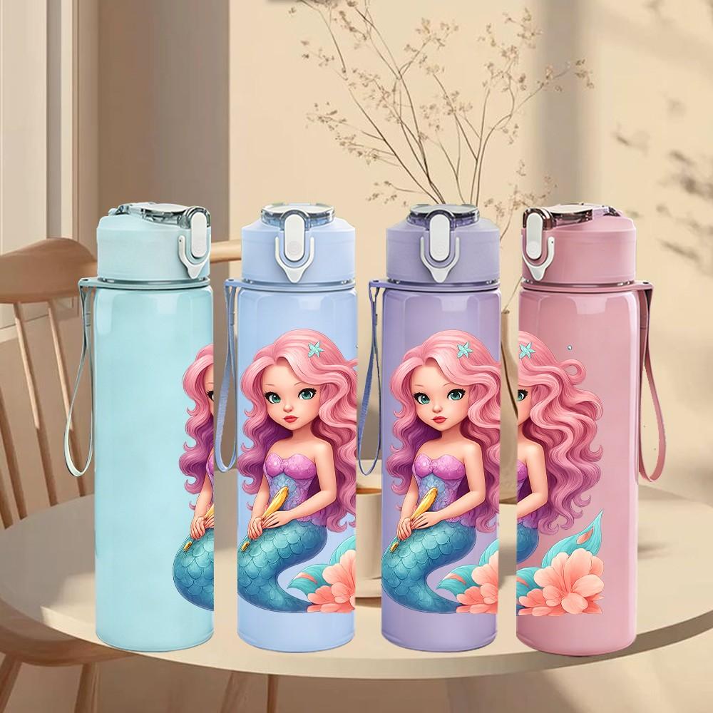 1pz Sirena Oceano Cartone Animato Arte 750ml Colore Plastica Borraccia Sportiva Tappo a Vite con Cannuccia Anti-perdita Adatta per Sport Ufficio Uso Domestico