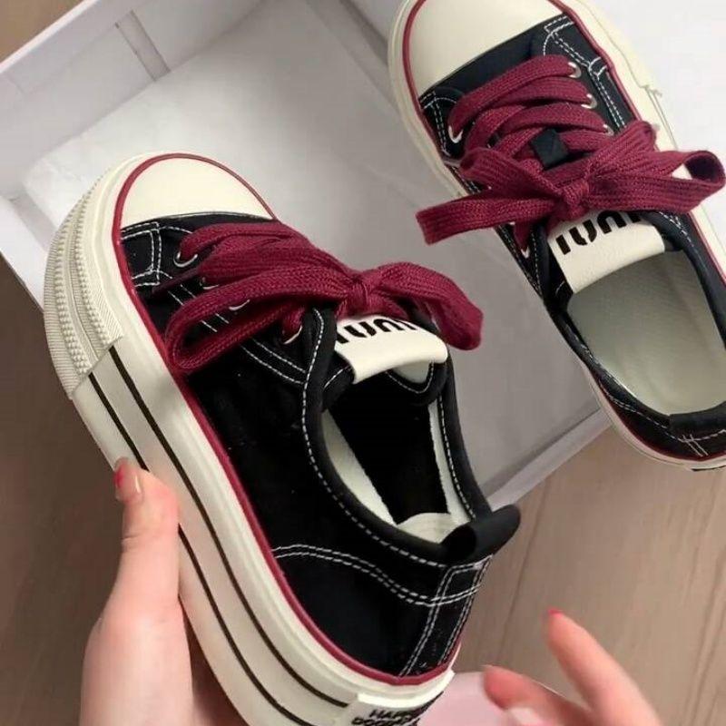 2025 Summer Retro Board Shoes Stacked Lace-up High-value Commuter Shoes Black and Red Canvas Shoes Ins Versatile and Wear-resistant
