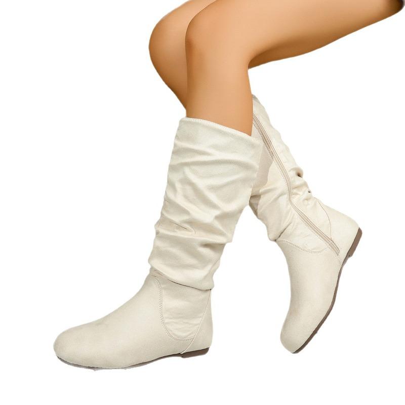 Aksamitne Pikowane Oversize'owe Buty Nowy Styl Damskie Westernowe Płaskie Buty do Połowy Łydki