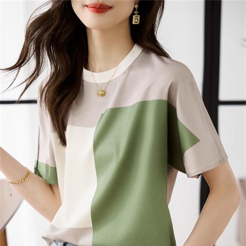 Französischer Stil Leichter Luxus Sommer Damen Rundhals Patchwork Kontrastfarbe Maulbeerseide Mode Kurzarm T-Shirt Tops