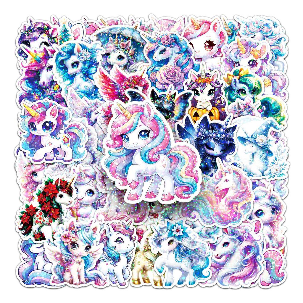 50 Unicorn Rainbow Horse Laser Stickers - Cute Holographic Hearts for Fridge, Diary, and Computer