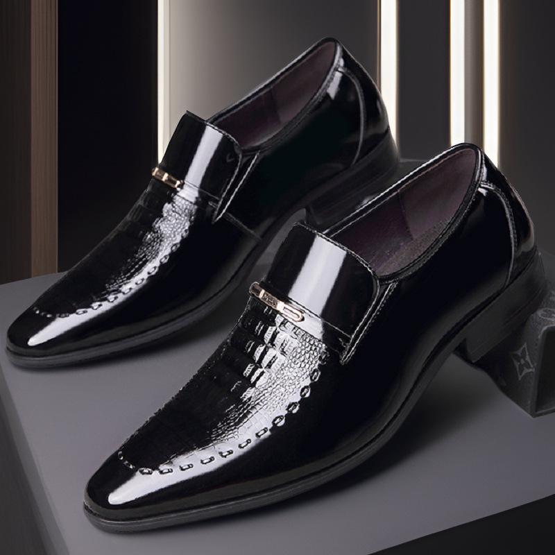 Men's Plus Size Crocodile Pattern Patent Leather Business Slip-On Shoes, Pointed Toe, Shiny Finish