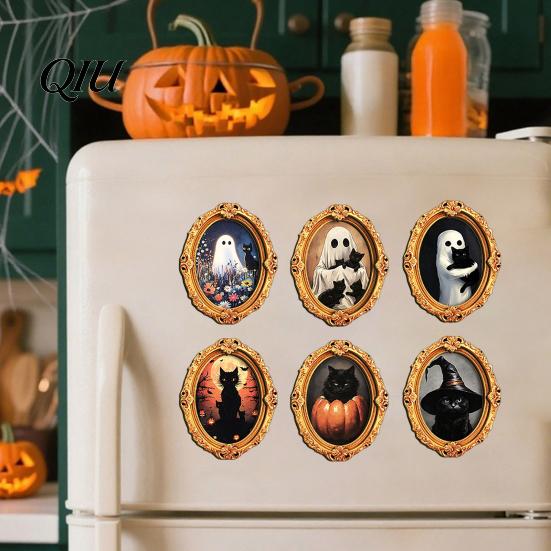 3D Refrigerator Magnet 1/6Pcs Halloween Retro Frame Magnet, Wooden Fridge Holiday Party Supplies Decoration, Memo Note Holder for Kitchen Decorations