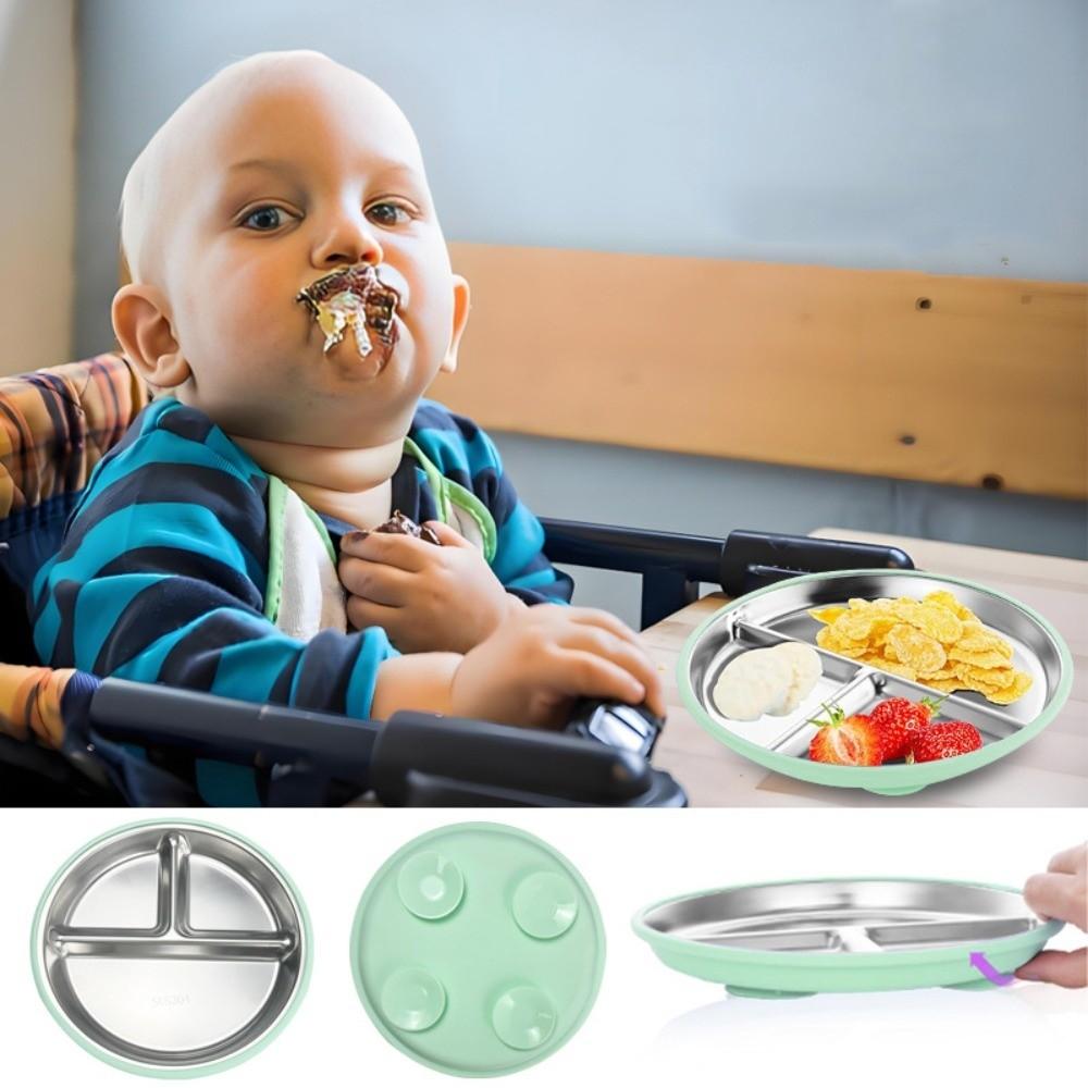 304 Stainless Steel Suction Cup Kids Plates Children 3 Grids Dishes Toddle Training Tableware