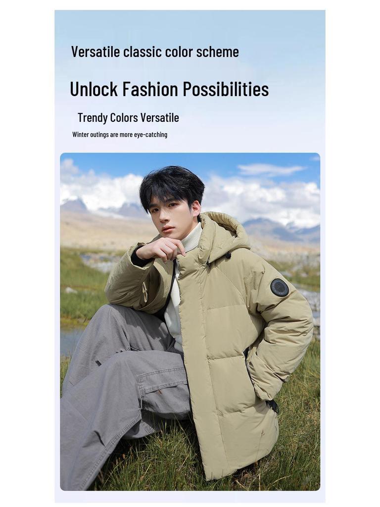 Men's 2025 Winter Hooded Down Jacket - Color Block, Zipper Pockets, Thick, Loose Fit, 90% White Duck Down.