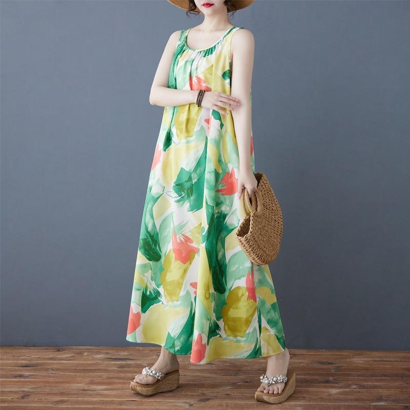 

Лето 2025 новый большой размер корейская версия свободное шифоновое платье с принтом круглый вырез без рукавов средней длины 2XL зелёный