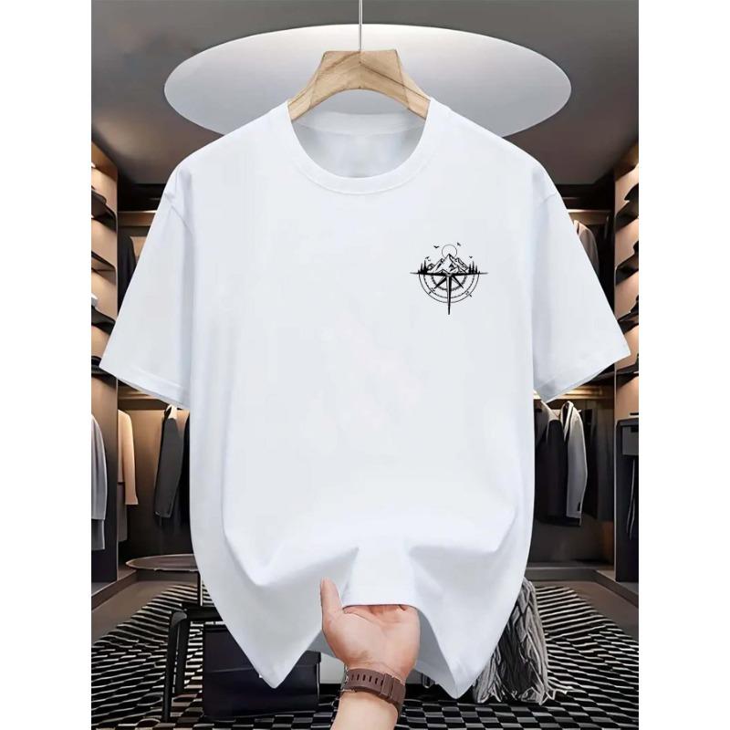 Summer Men's 100% Cotton Mountain Compass Graphic Printed Casual Loose Sports Comfortable Round Neck Short Sleeve T-shirt Top