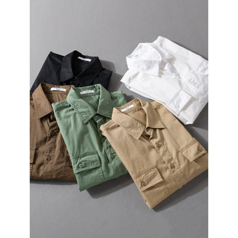 Spring & Fall Work Clothing Casual Overshirt Double Pocket Youth Pure Color Tough Guy Men Long Sleeves Shirt Japanese Style Tooling Style