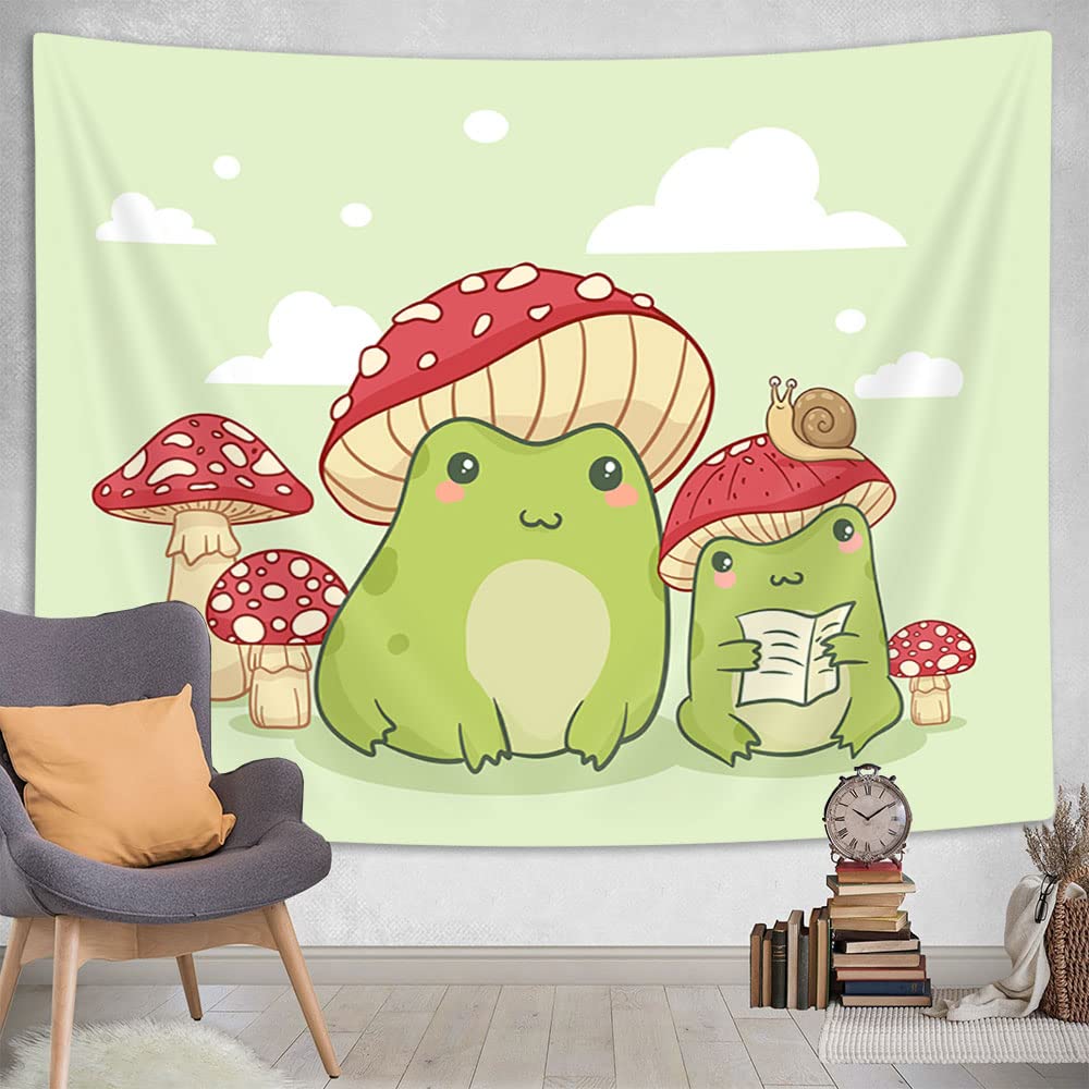 Cute Frog Tapestry Mushroom Tapestries Cartoon Animal Wall Hanging Tapestry for Girl Teen Funny Bedroom Living Room Dorm Decor