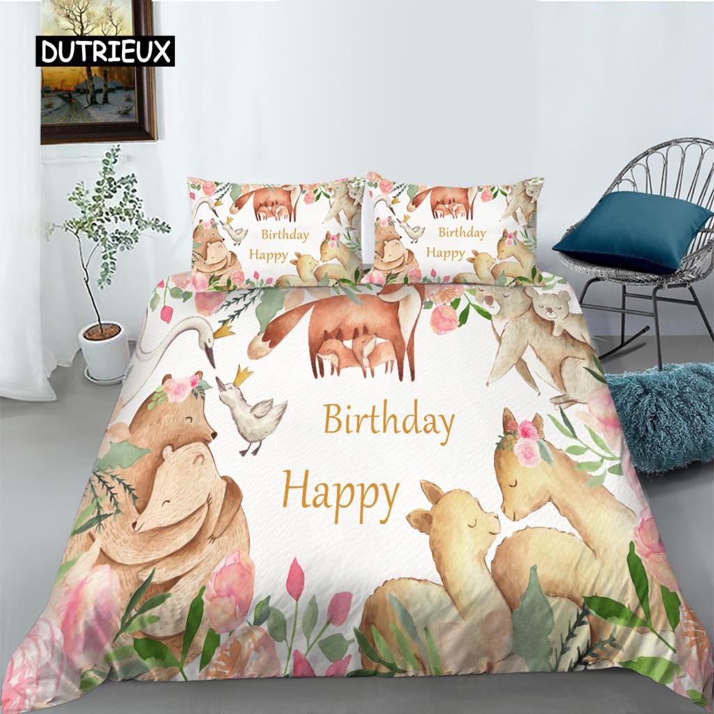 Cartoon Animal Happy Birthday King Queen Duvet Cover Cute Lion Bedding Set Kids Boys Girls Elephant 2/3pcs Polyester Quilt Cover