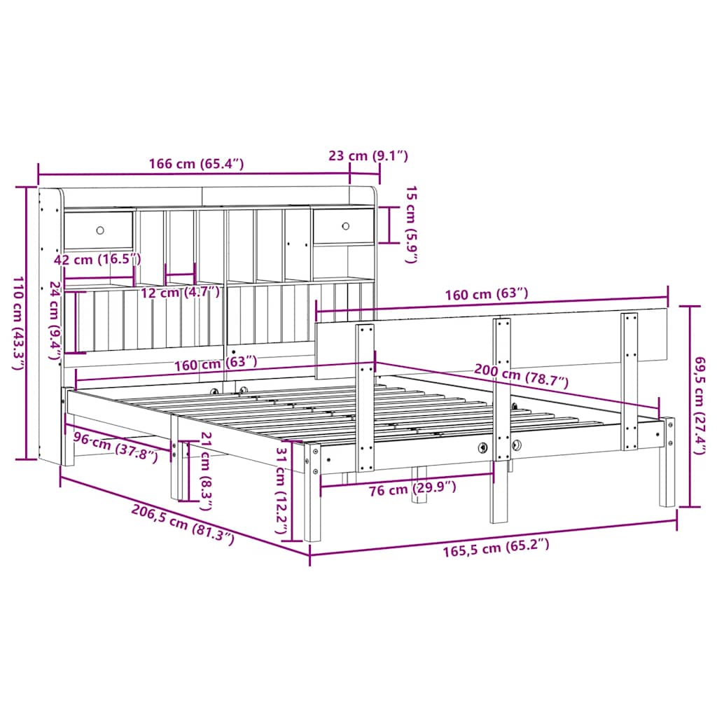 Solid Wood Bed with Shelf Without Mattress White 160 x 200 cm Pine