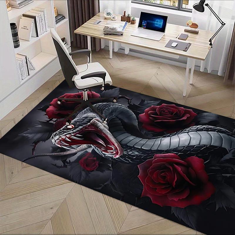 Black Snake and Red Roses Chair Mat Office Carpet, Oversized Rug for Home Decor, Desk Pad Gift, Suitable for Bedroom, Living Room, Various Rooms