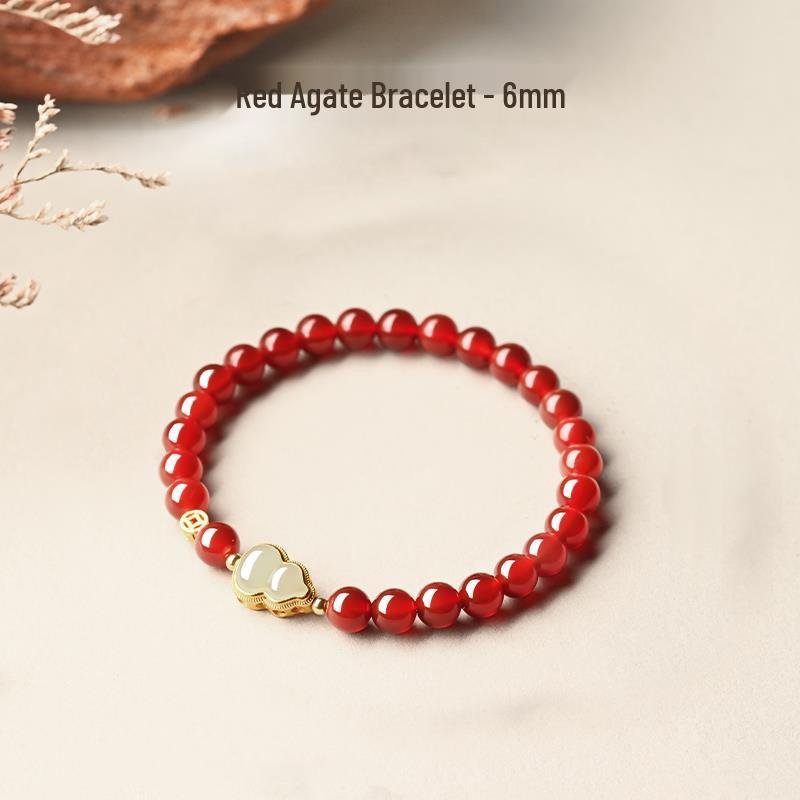 Women s Red Agate & Hetian Jade Gourd Good Luck Bracelet