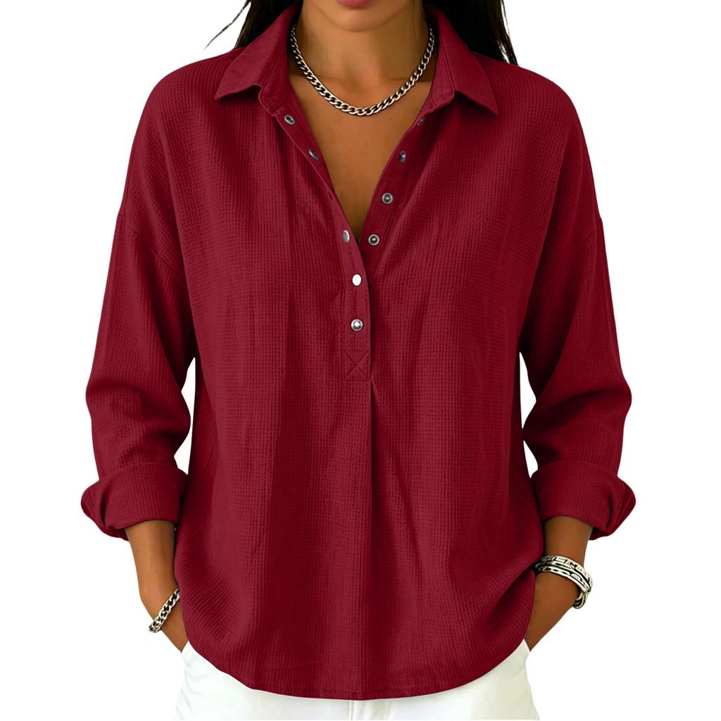 Women's Casual Long Sleeve Polo Shirt Button Front Waffle Texture Pullover Lightweight Relaxed Fit Top for Everyday Wear