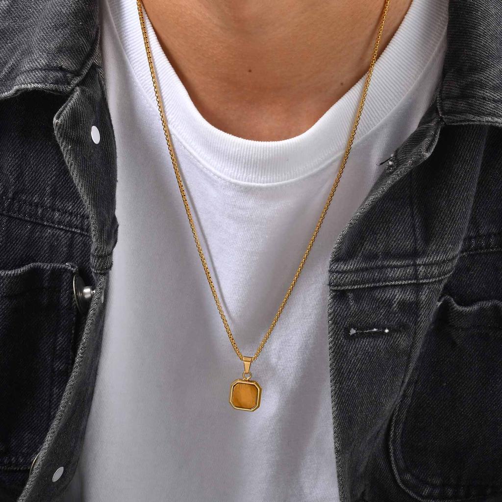 Mode Hohe Qualität Naturstein Quadratischer Anhänger Edelstahl Lange Kette Halskette Trendiger Einfacher Beliebter Schmuck für Männer Geschenk