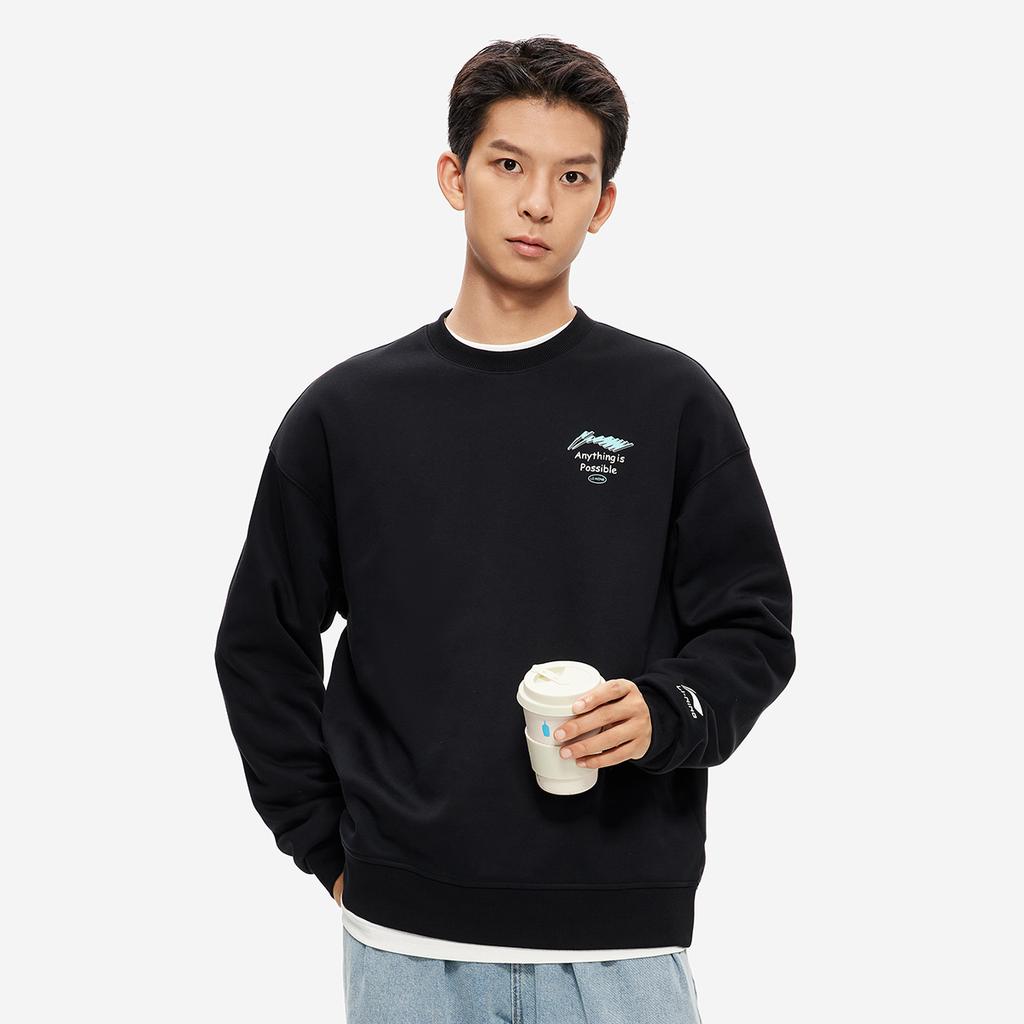 Li Ning Sports Fashion Collection Brand Logo Anti Static Fleece Lined Thermal Versatile Casual Loose Fit Crew Neck AWDU981-1