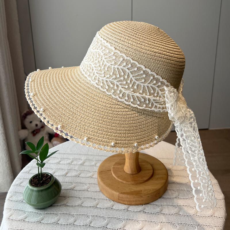 New Straw Hat Women's Big Eaves Seaside Sunshade Sunscreen Beach Hat Fashion Lace Bow Sun Hat