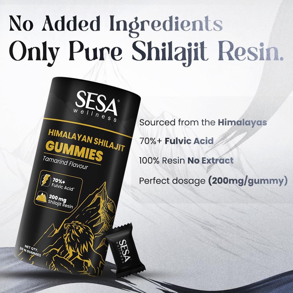 SESA Gommose Shilajit Himalayano 200mg Con Oltre 70% di Acido Fulvico Per Energia, Forza, Resistenza | Senza Zucchero | Confezione Singola | Uomini e Donne