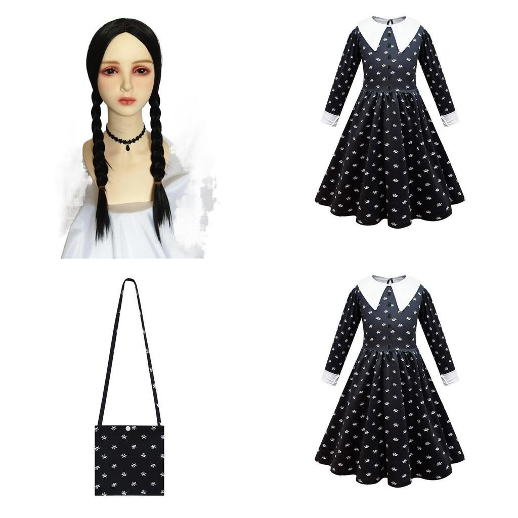 Wednesday Addams Dress Wig Cosplay Costume For Kid Girl Halloween Xmas Party