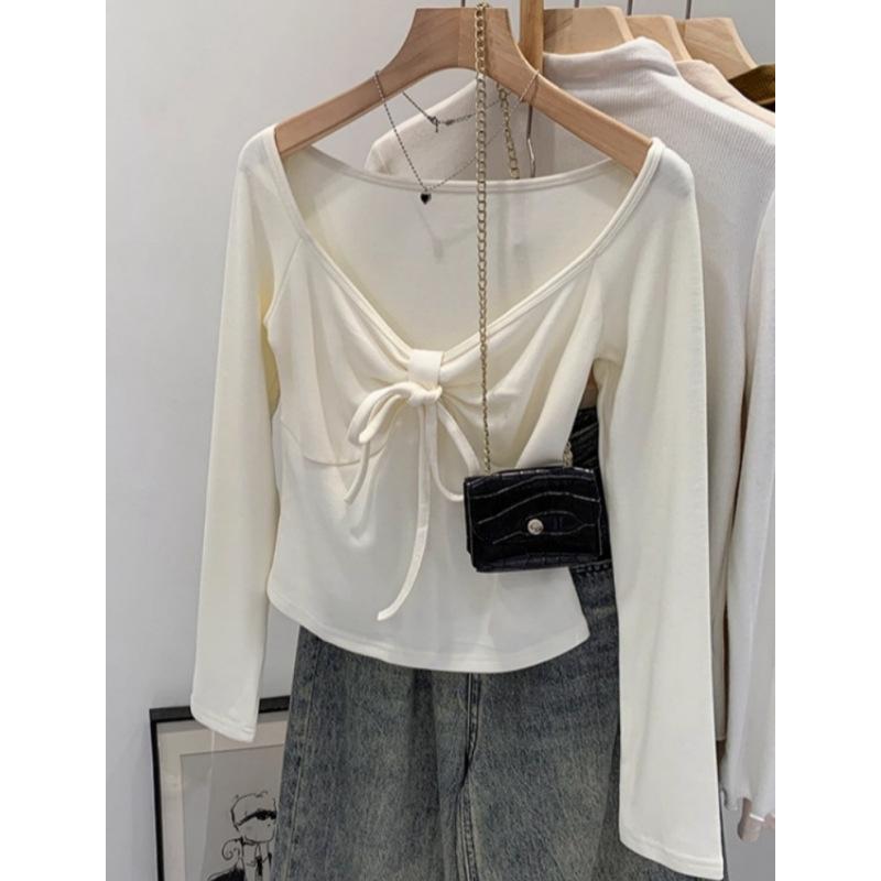 Chic Pleated Long Sleeve Tie-Up T-shirt - Women s Autumn/Winter Slimming Trendy Top S