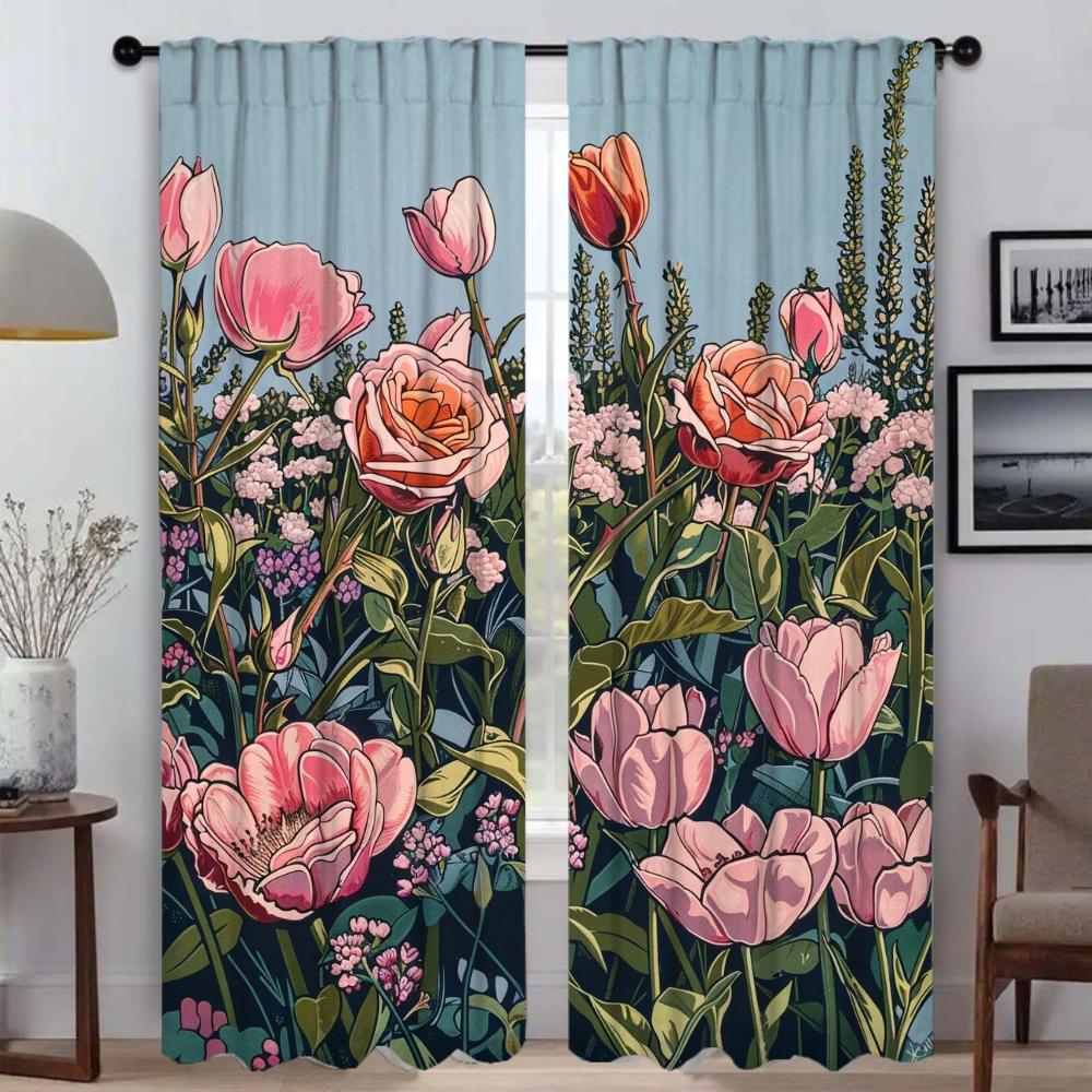 Verdunkelungsvorhang für Zimmer 2 Paneele Rosen und rosa Tulpen Raumteiler Anti-Mücken-Vorhänge 2 Stück Halloween-Dekoration Jalousien