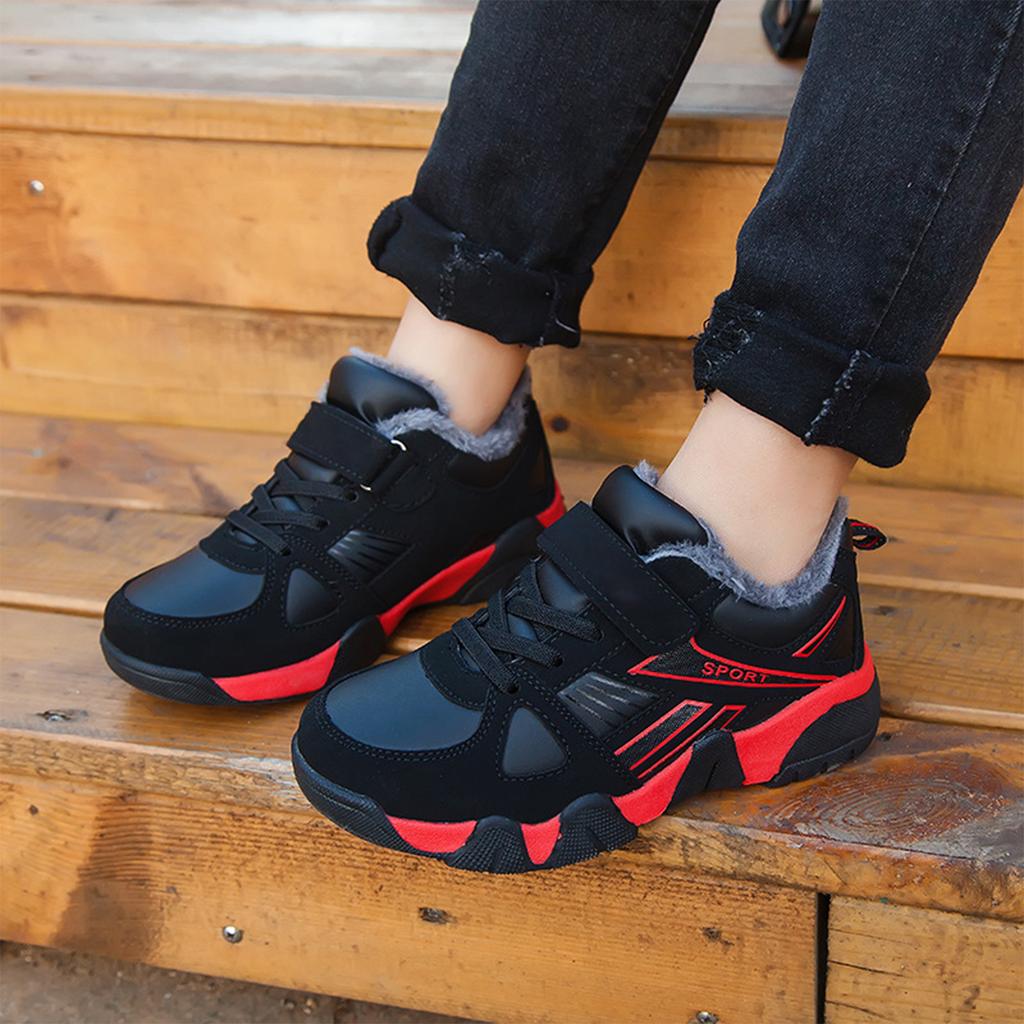 Winter Fleece Lined Kids Running Shoes Lightweight Breathable Athletic Sneakers with Hook and Loop Closure for Elementary School Children