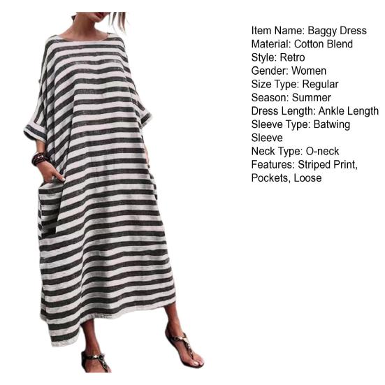 O-Neck Batwing Sleeves Women Dress Pockets Ankle Length Fine Sewing Retro Striped Print