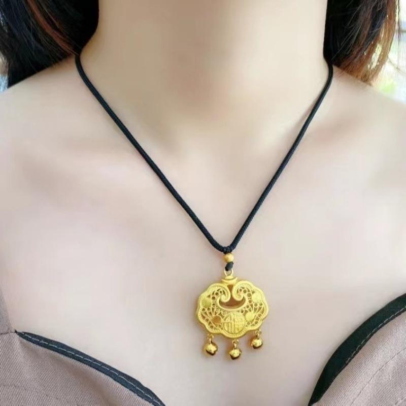 Silver Lock Safety Lock Silver Necklace Female Guochao Bell Hollow Long Life Lock Pendant Versatile