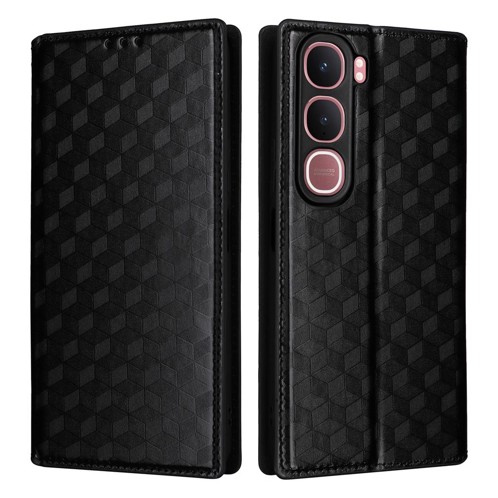 For Vivo Y31 5G/Y21d Case Wallet Rhombus Imprinted Leather Phone Cover -  Black