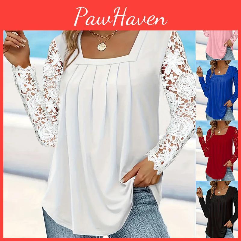 Fashion Autumn Women Square Elegant Neck Lace Long Sleeve Outwear Hollow Out Sexy Blouses Vacation Pullover