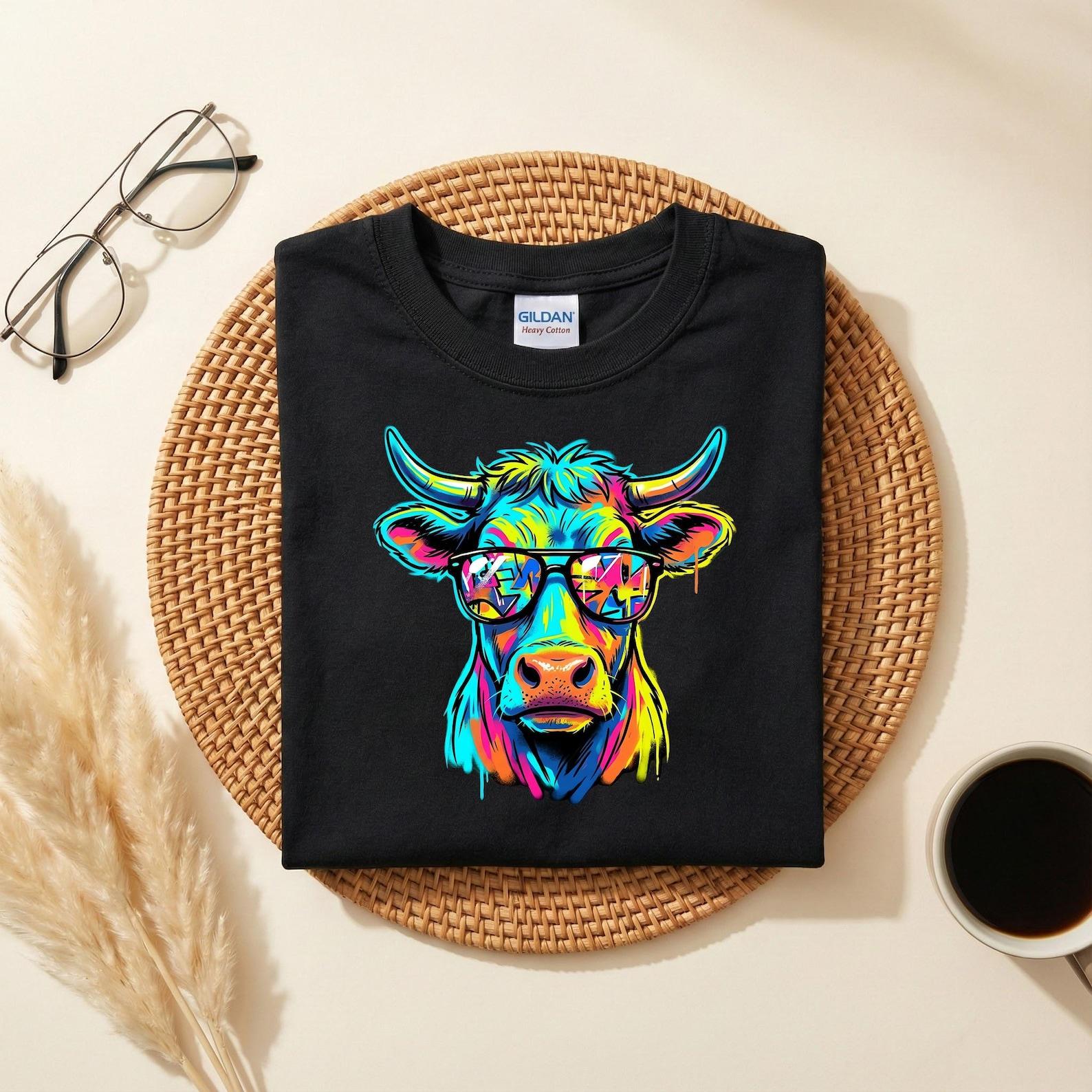 Rainbow Cow With Sunglasses Shirt, Neon Cow Graphic Tee, Psychedelic Cow Shirt, Funny Farm Animal Shirt S