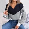Women Casual Knit Pullover Sweater Autumn Winter Long Sleeve Polo Collar Contrast