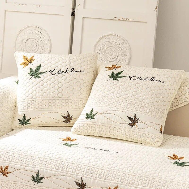 Nordic Sofa Cushion Four Seasons Universal Leave Embroidered Non-Slip Cotton Cushion Living Room Sofa Cover Furniture Protective