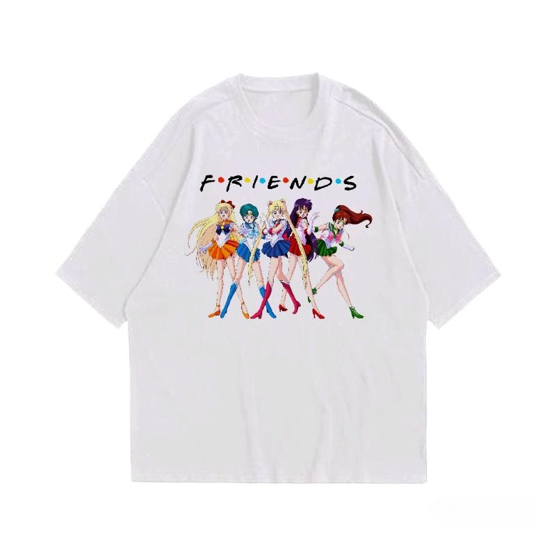 Japanese Anime Sailor Moon Friends Oversized Men's T-shirt Summer New Retro Men's and Women's Streetwear