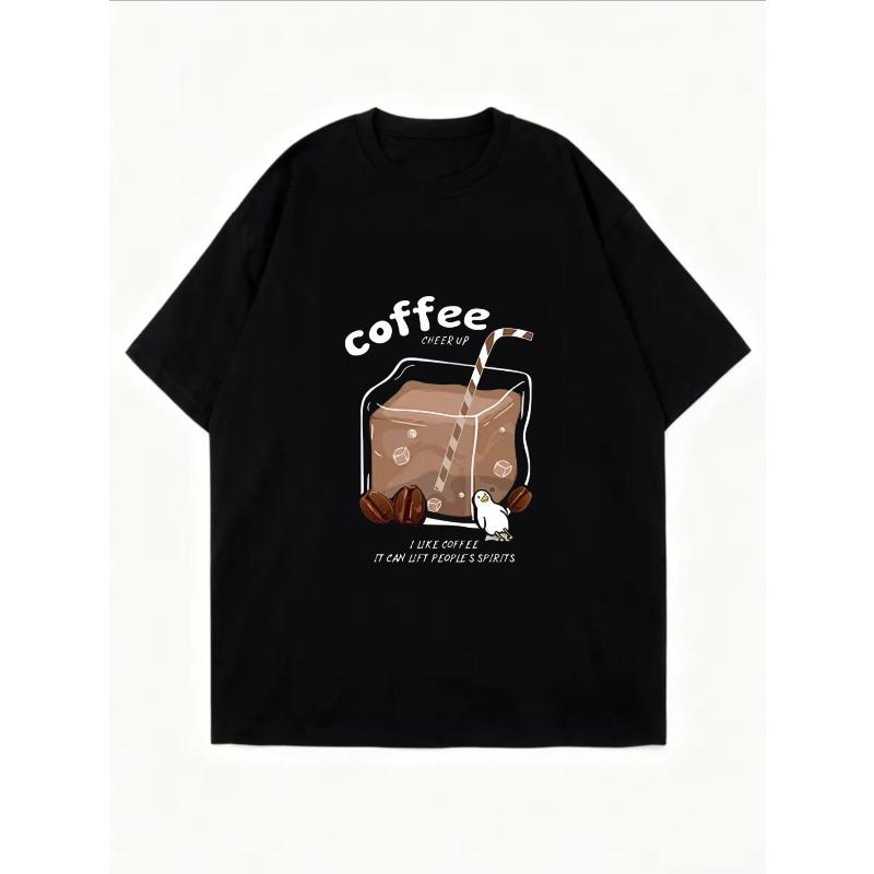 Cotton T Shirt White Coffee Drink With Penguin And Coffee Beans Print Casual Everyday Wear