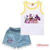 Kids Girls Anime Cartoon K-Pop Printed Cotton Sleeveless Tank Top Jeans Shorts Clothes Set