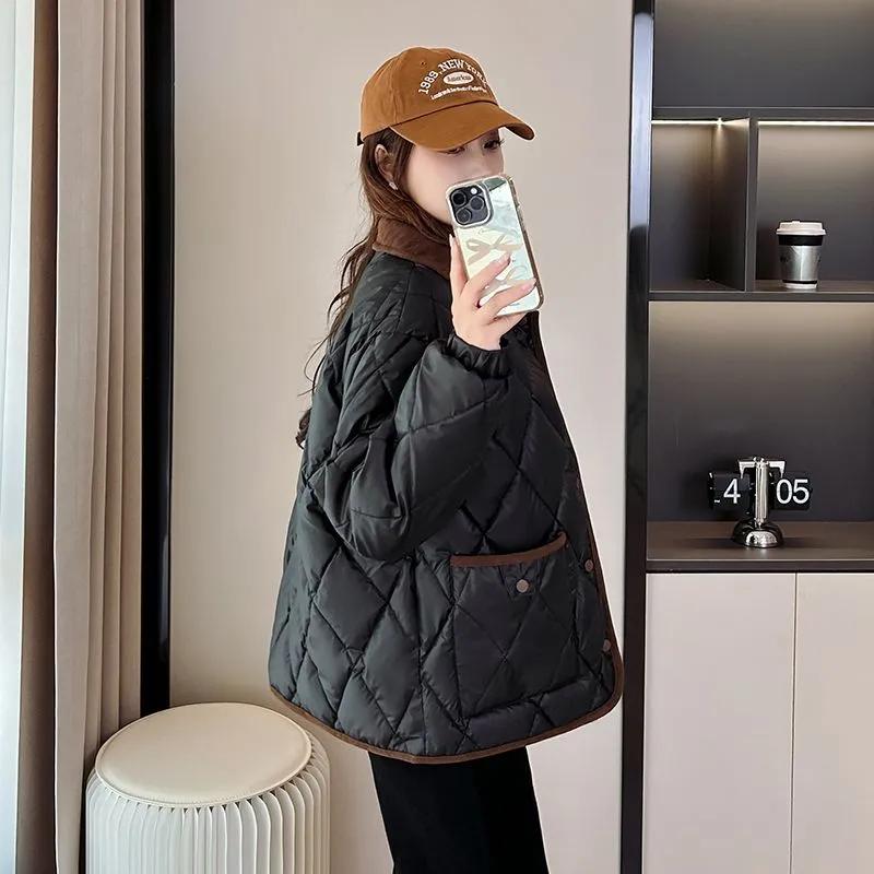 Women's   Tweed Cotton Coat PU Leather Surface Versatile Loose Fit Color  Autumn Winter Jacket