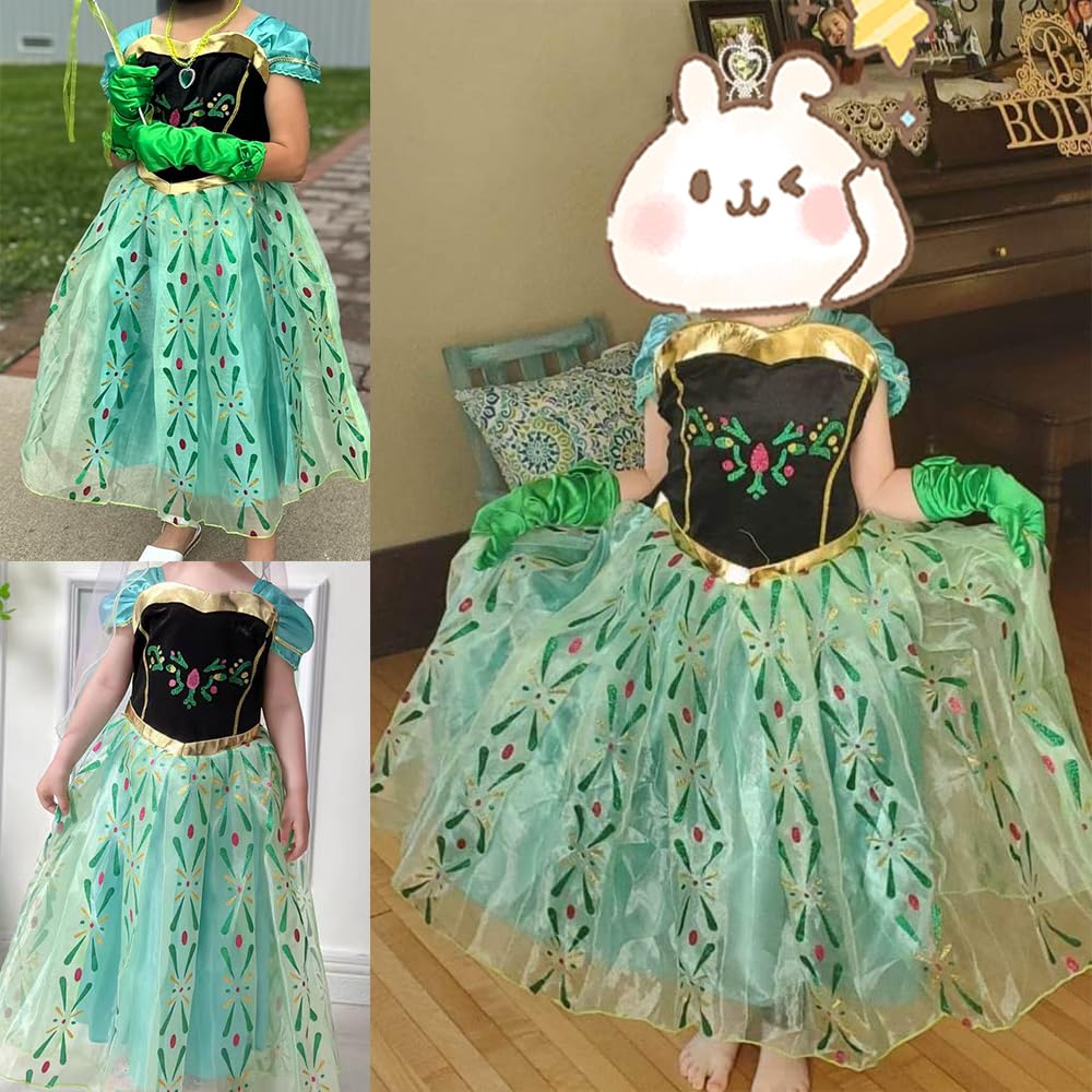 ANONIE Princess Dress Cosplay One Piece Kids Costume Frozen Anna Dress Girls Princess Birthday Christmas Gift Luxury 6 Piece Set Green 110-3