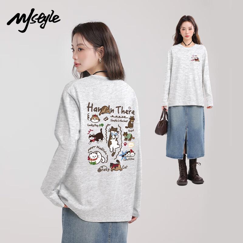 

MJ STYLE Women s Pure Cotton Long-Sleeve T-Shirt with Cat Graphic S
