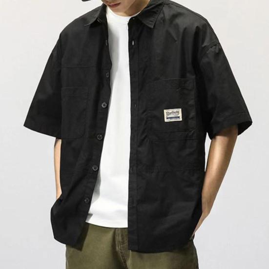 Men Shirt Turn-down Collar Hip Hop Buttons Cool Breathable Single-breasted Cardigan Solid Color Multi Pockets Summer Cargo Shirt Male Clothes