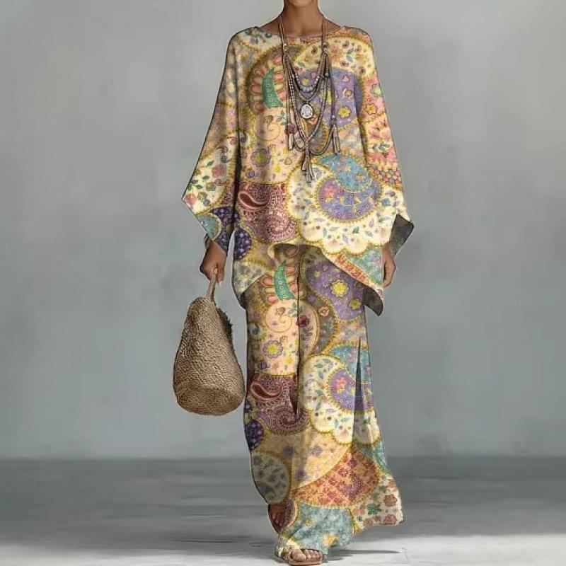Y116 Summer Loose Bat Sleeve Top Wide Leg Pants Two-piece Women's Clothing European and American Fashion Suit
