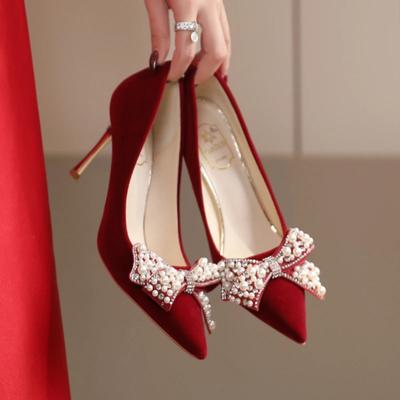 Talons Hauts pour Femmes Été Nouveau Pointu Nœud Perle Daim Chaussures de Mariage Mode Tempérament Talons Stilettos Chaussures de Mariée