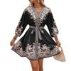 A New Summer Women's Dress with A Printed V-neck and Three-quarter Sleeves, Tied and Cinched Waist