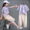 Kinder Mädchen Kleidung Sets Sommer Mode Sport Kurzarm Streifen Shirts + Hosen 2PCS Trainingsanzug Kinder Kleidung Teen 6 8 10 12 Y