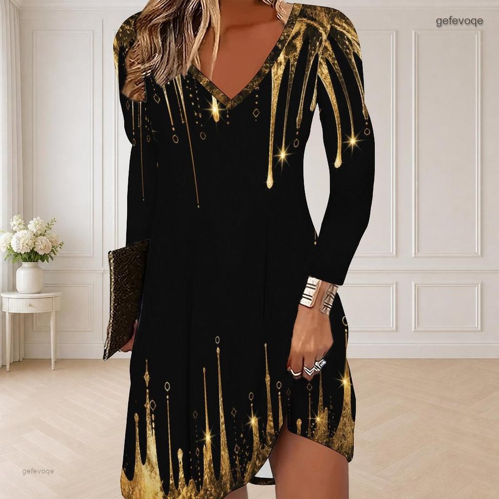 Women Plus Size V Neck Long Sleeve Black Gold Geometric Printed Curved Hem Dress