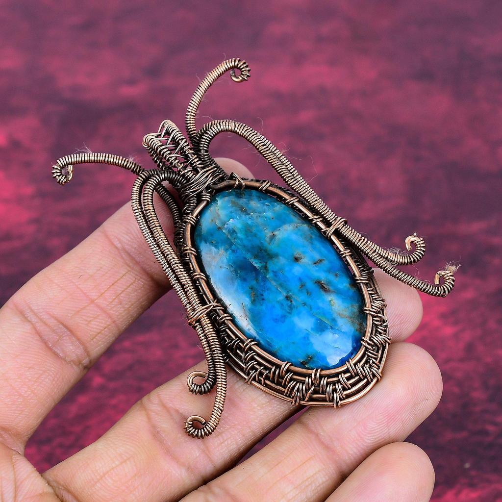 Neon Apatite Gemstone Pendant Copper Wire Wrapped Pendant Handmade Wire Jewelry