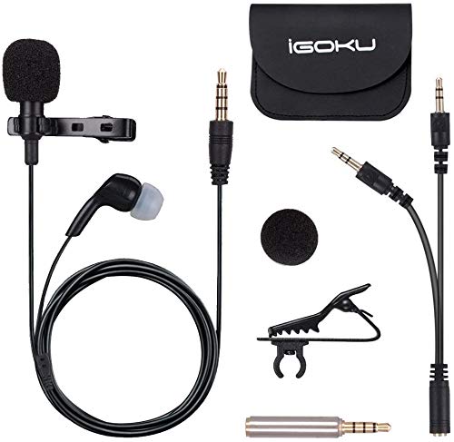 iGOKU Clip Microphone, External Microphone, Lapel Microphone with Earphones, Omnidirectional, for Cameras, Smartphones, and PCs, Karaoke, Recording, S