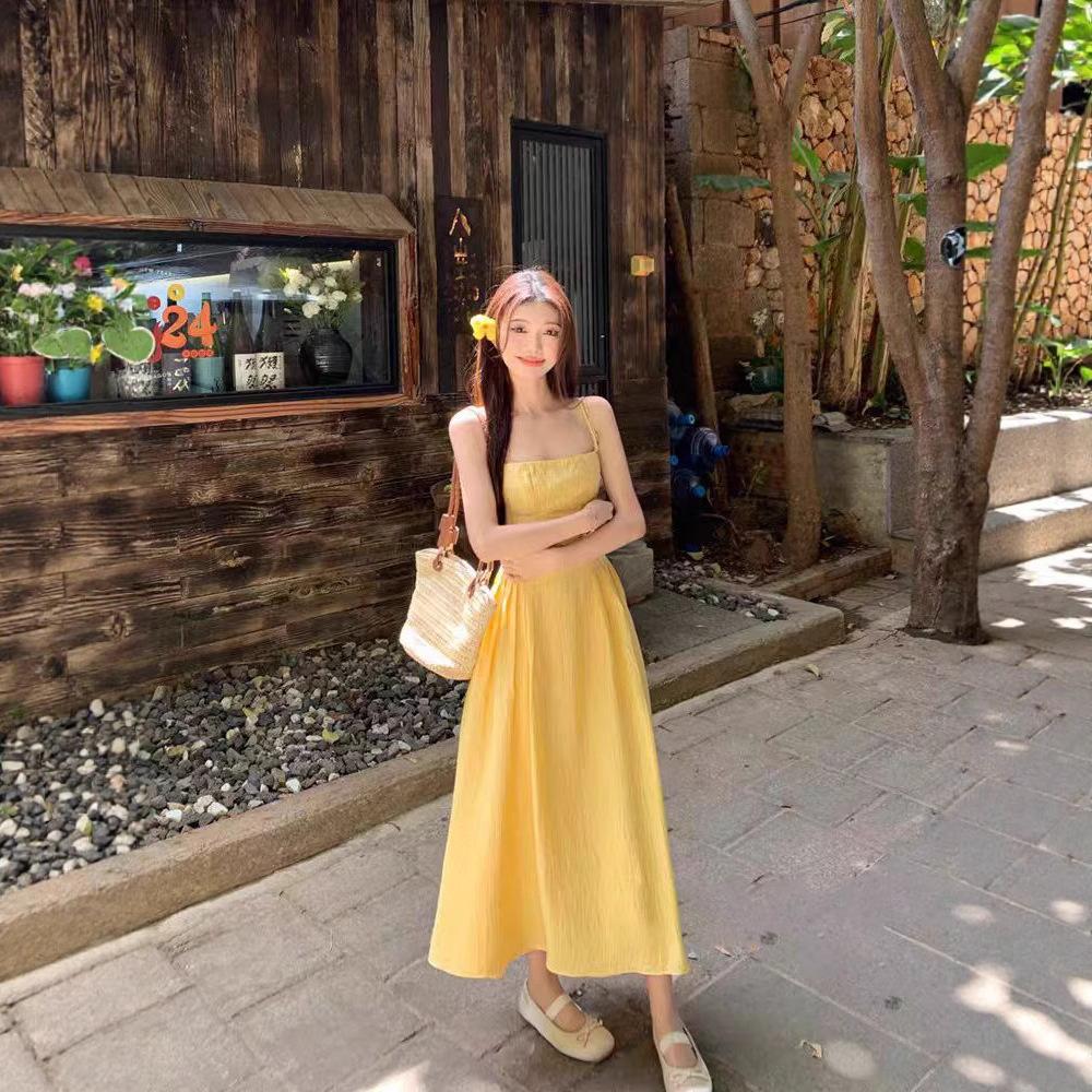 French halter sexy yellow suspender dress summer new suspender dress waist long dress vacation skirt