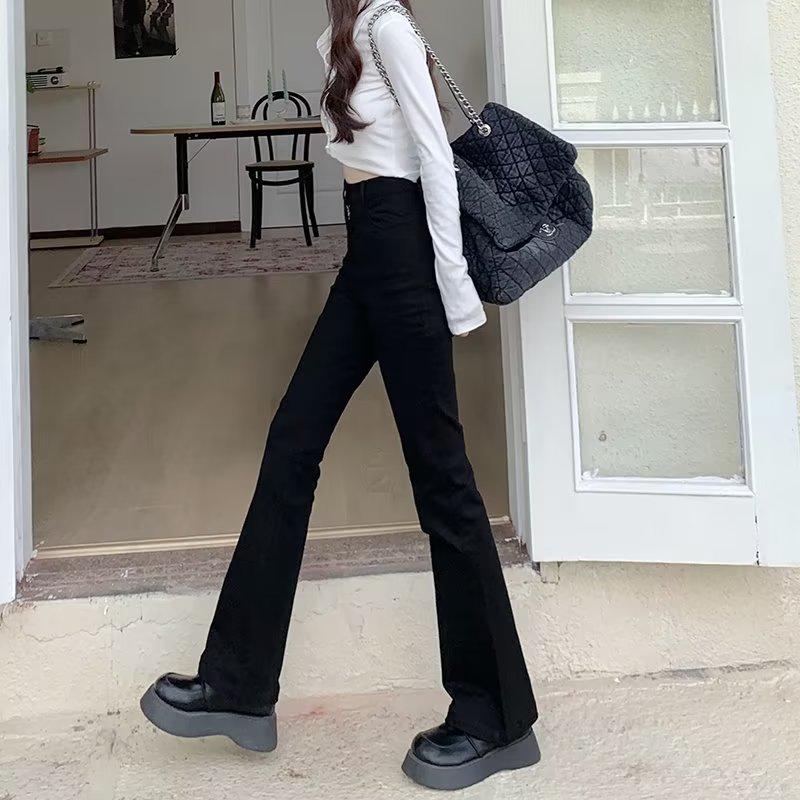 

Женские черные расклешенные джинсы с высокой талией 2024 года: Весна/Осень Slim Fit Large чёрный